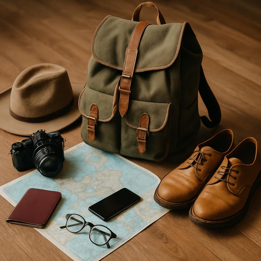 A large, brown leather backpack lies on top of a blue map accompanied by a fedora hat, a pair of brown leather dress shoes...