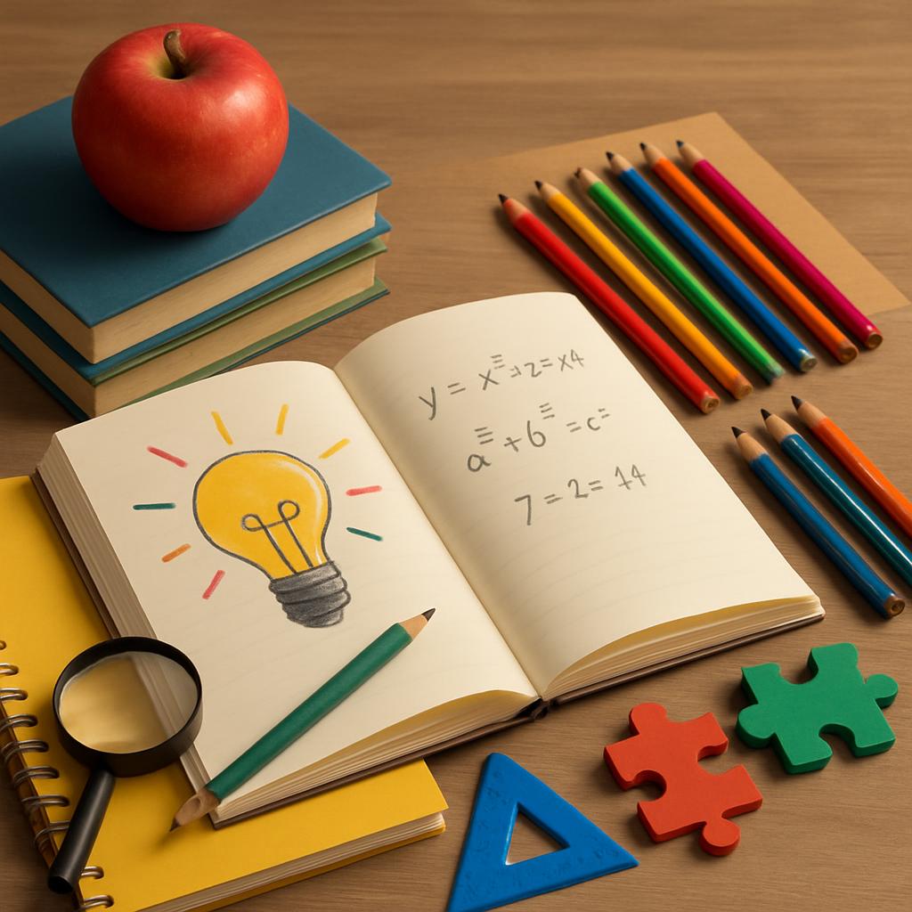 Open book with an equation and lightbulb drawing.