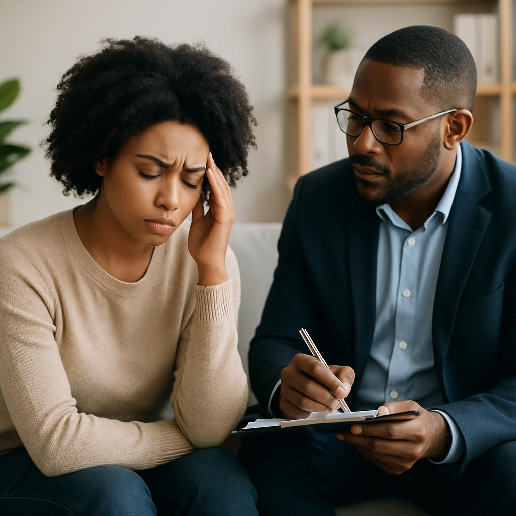 Black therapist male and patient female having a consultation discussing issues while session notebook in hand. Also integ...