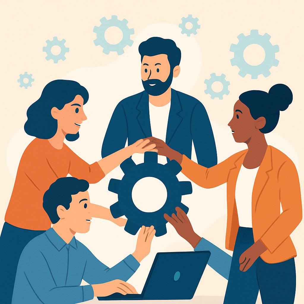 A group of people working together to solve a problem by creating a puzzle or a solution, possibly related to teamwork, co...