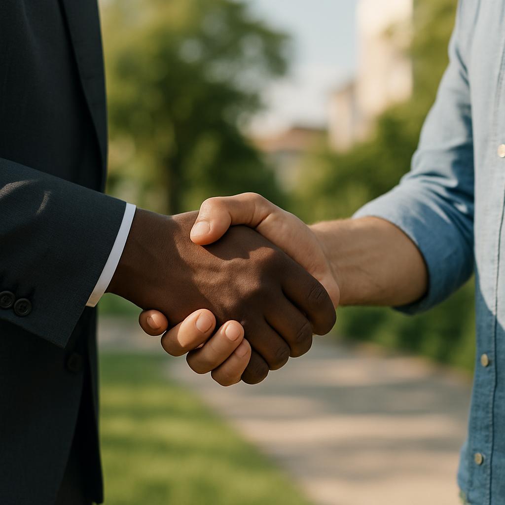 Two men shaking hands, with a cityscape in the background.