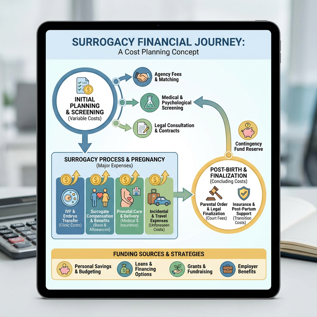 Infographic titled Surrogacy Financial Journey detailing planning, process, and finalization costs with funding strategies.