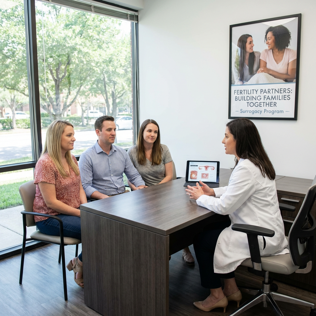 Doctor consults with three people; poster reads FERTILITY PARTNERS: BUILDING FAMILIES TOGETHER Surrogacy Program.